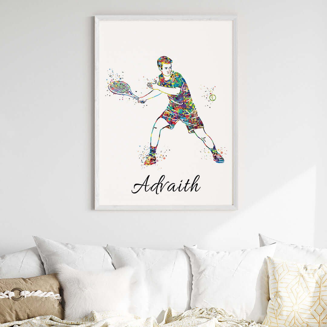 Inspirational tennis player boy wall art right handed white frame