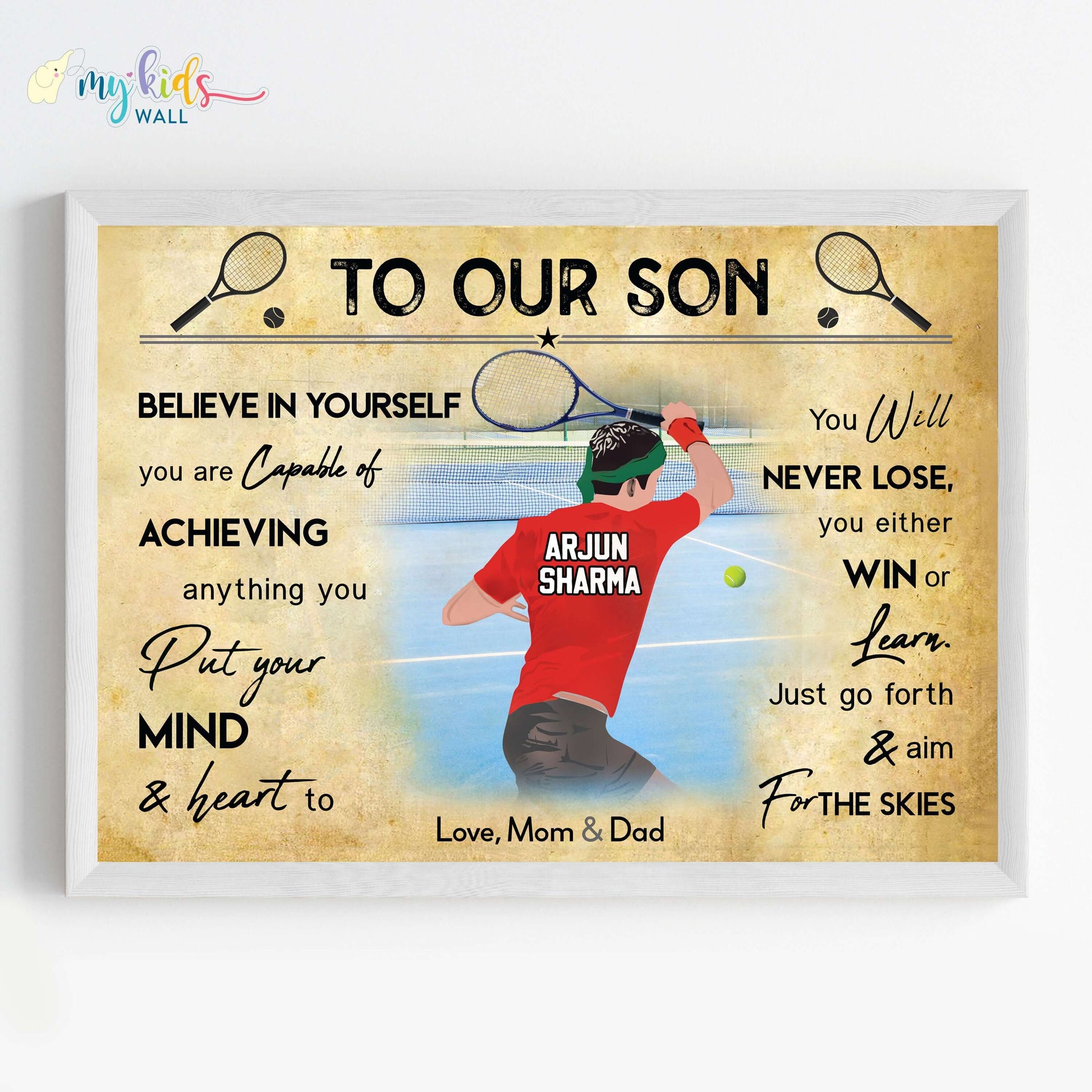 Motivational tennis player boy wall art white frame