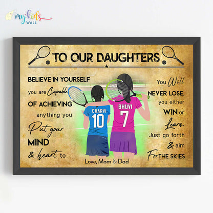 Motivational tennis player sisters wall art black frame