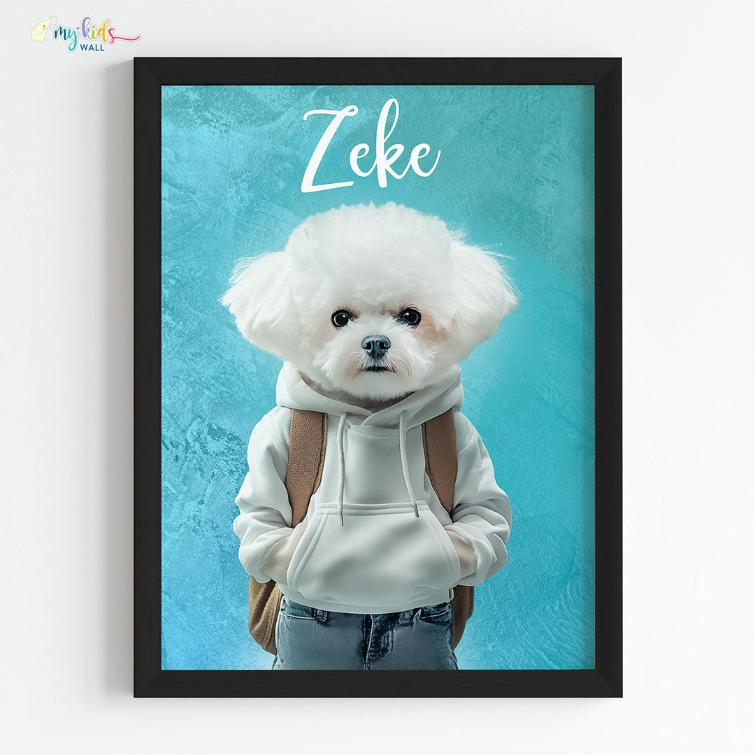 Pet portrait of a dog as a cool dude in black frame