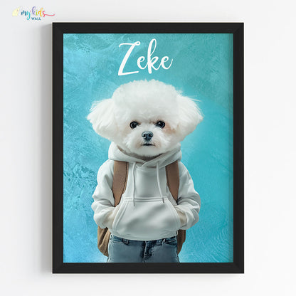 Pet portrait of a dog as a cool dude in black frame