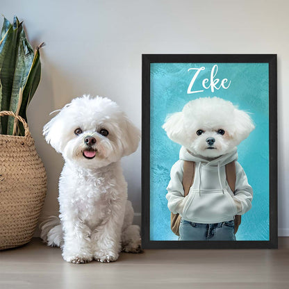 Pet portrait of a dog as a cool dude in black frame