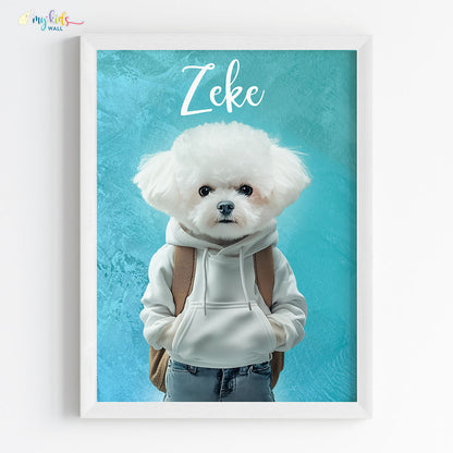 Pet portrait of a dog as a cool dude in white frame