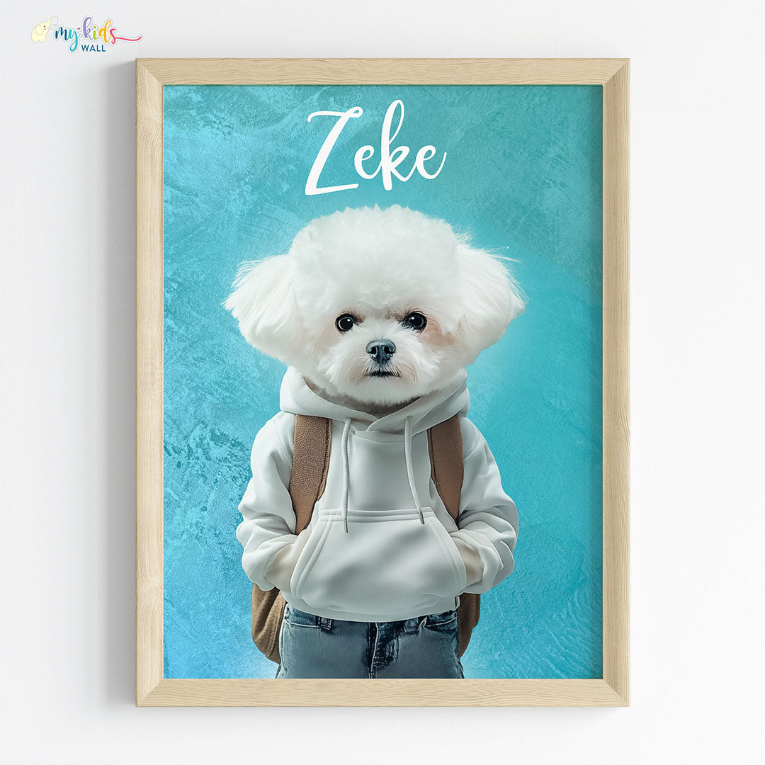 Pet portrait of a dog as a cool dude in wooden frame