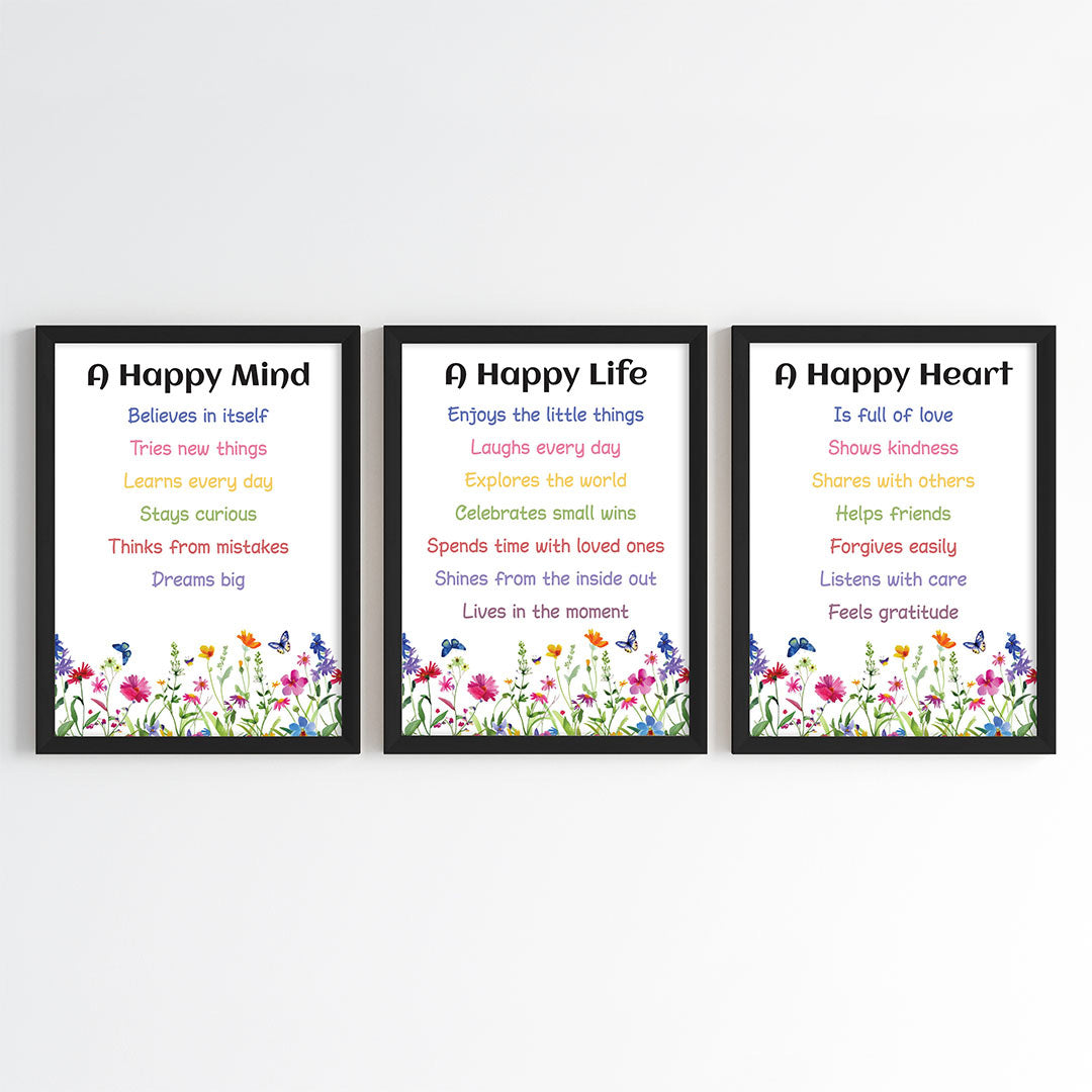 The Happy Mind, Heart & Life Wall Art (Framed Set of 3)