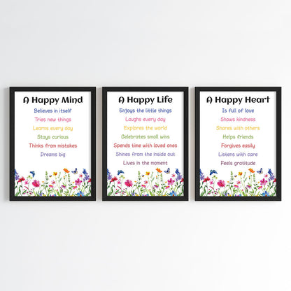 The Happy Mind, Heart & Life Wall Art (Framed Set of 3)