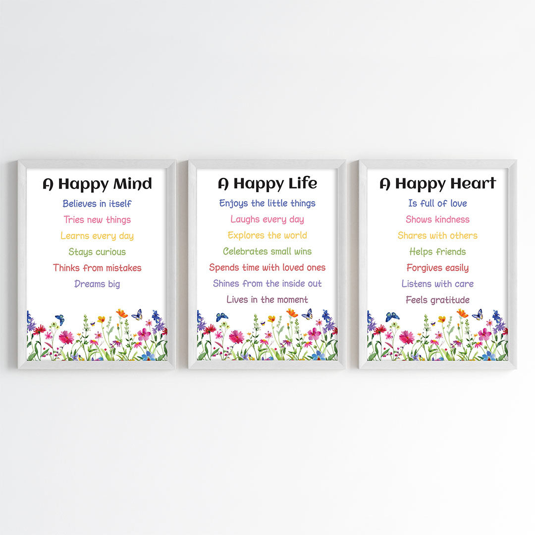 The Happy Mind, Heart & Life Wall Art (Framed Set of 3)