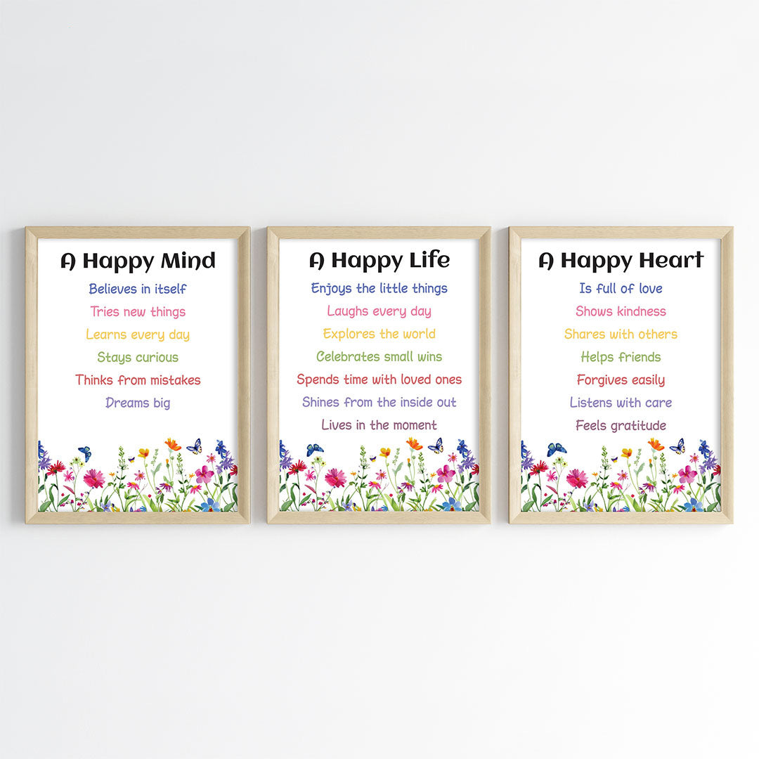 The Happy Mind, Heart & Life Wall Art (Framed Set of 3)