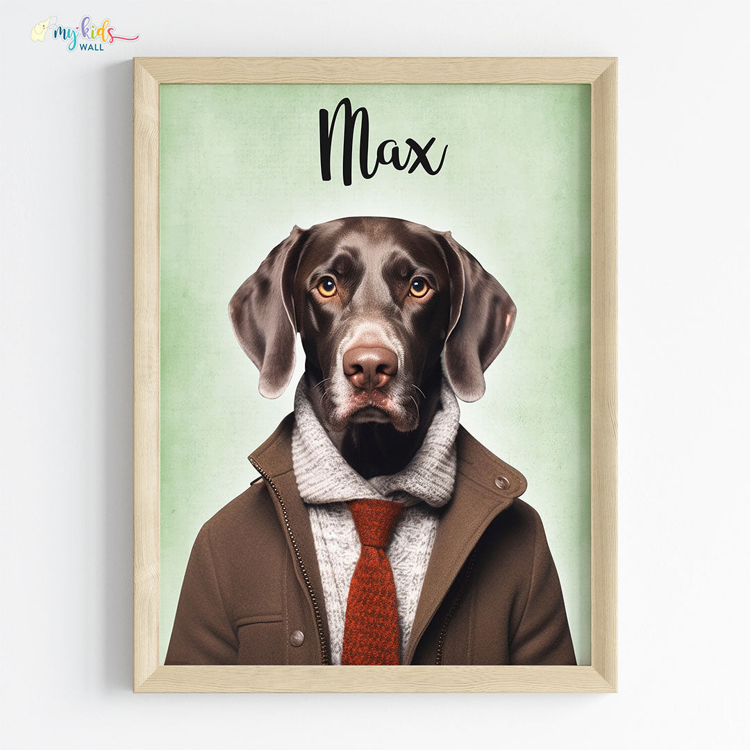 Pet portrait of a dog as a pawject manager in wooden frame