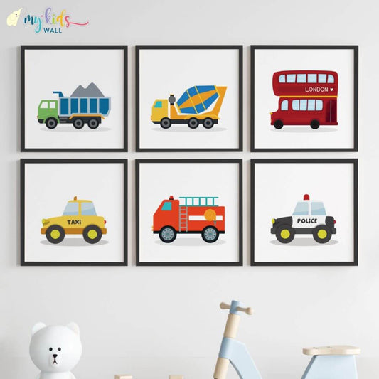 Nursery transportation themed set of 6 wall art black frame