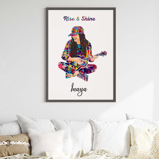 Inspirational ukulele player girl wall art black frame