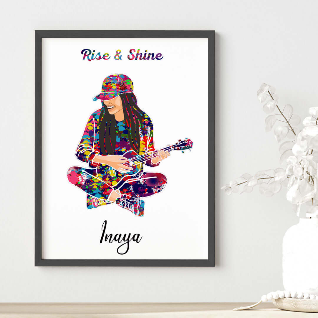 Inspirational ukulele player girl wall art black frame