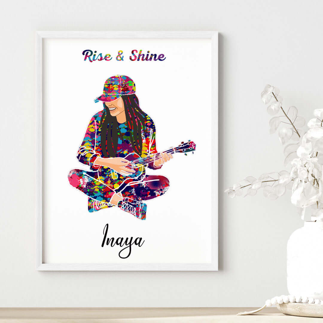 Inspirational ukulele player girl wall art white frame