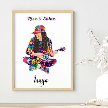 Inspirational ukulele player girl wall art wooden frame