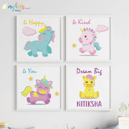 Inspirational Unicorn set of 4 wall art white frame