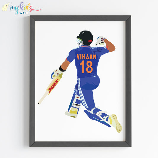 Cricket Batsman Celebrating Personalized Wall Art (Framed) New