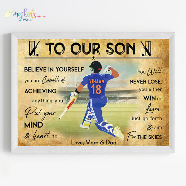 Load image into Gallery viewer, &#39;Cricket Batsman Celebrating&#39; Personalized Motivational Wall Art (Framed) New
