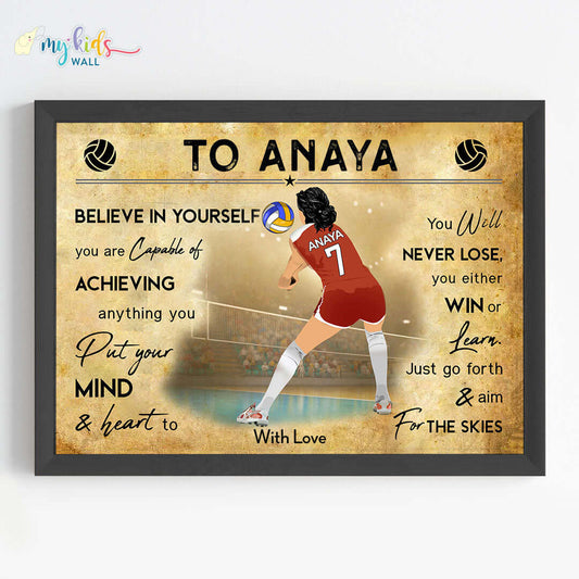 Motivational volleyball defensive player girl wall art black frame