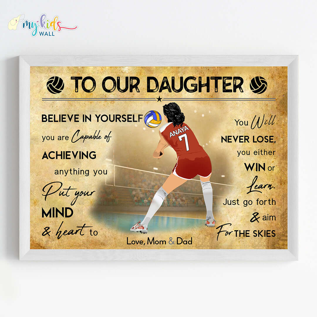 Motivational volleyball defensive player girl wall art white frame