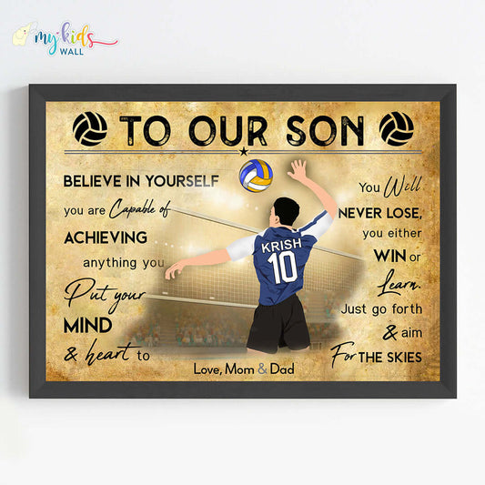 Motivational volleyball player boy wall art black frame