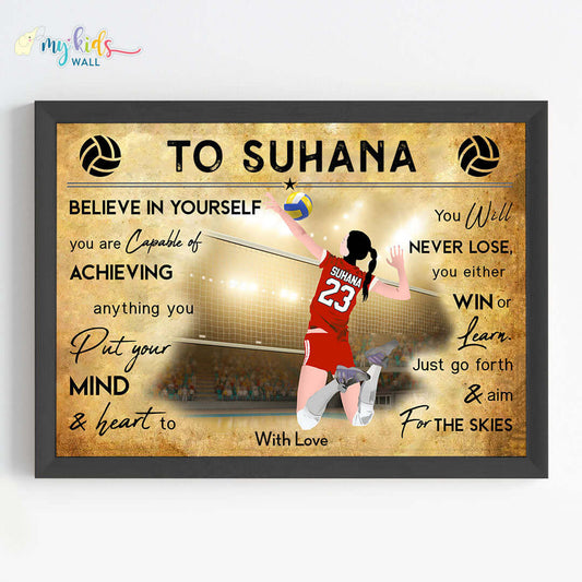 Motivational volleyball player girl wall art black frame