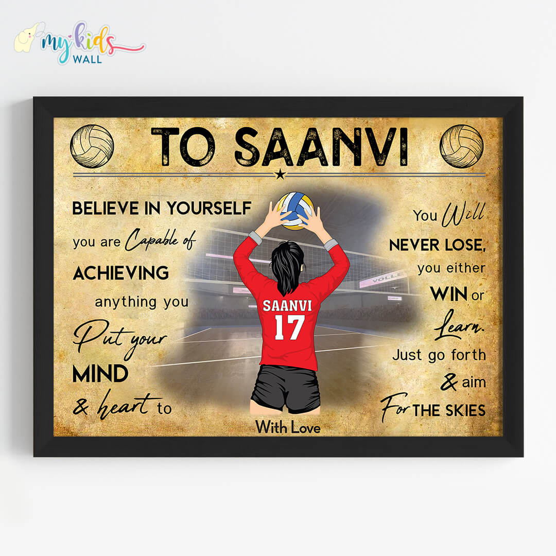 Motivational volleyball player girl in setter pose wall art black frame