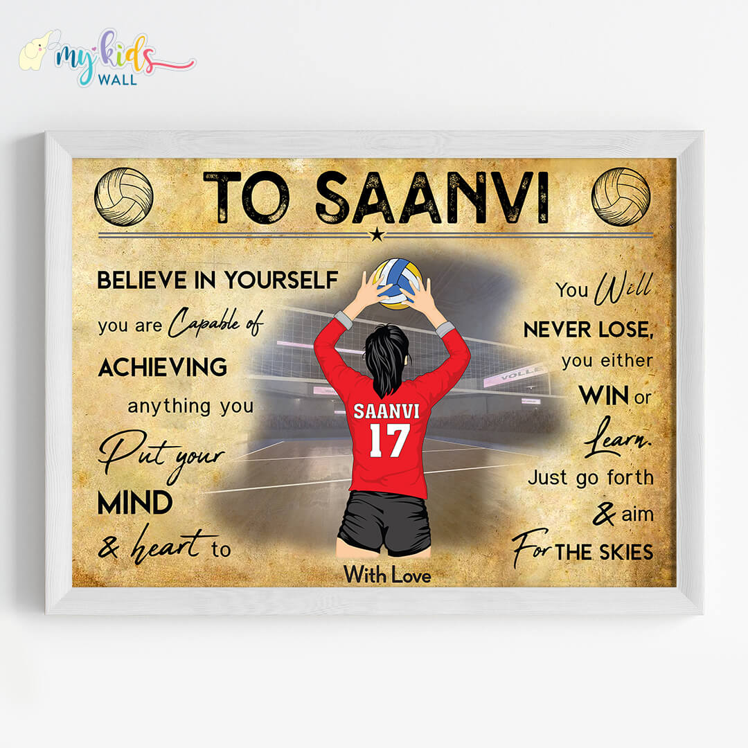 Motivational volleyball player girl in setter pose wall art white frame
