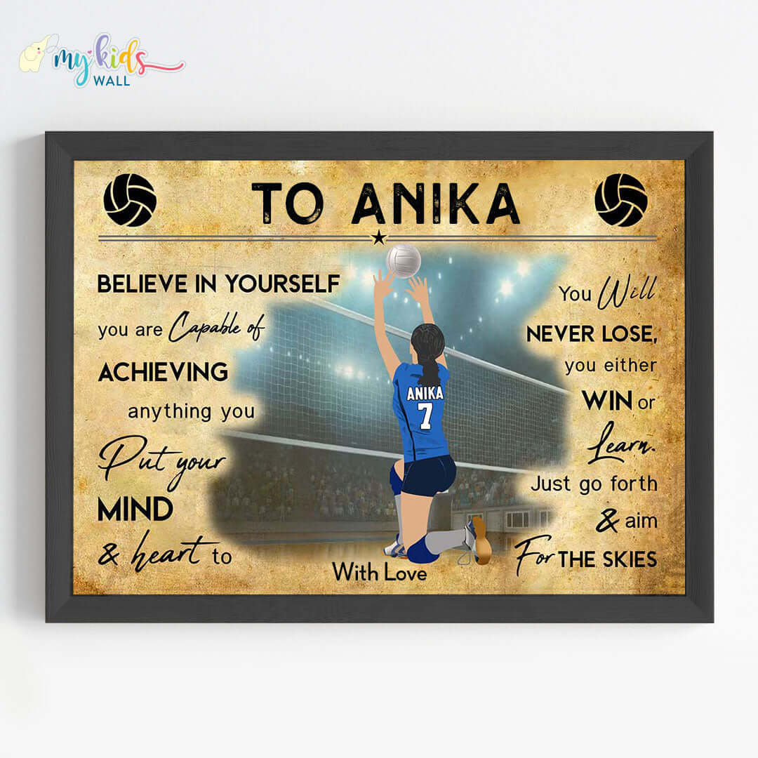 Motivational volleyball player setter girl wall art black frame