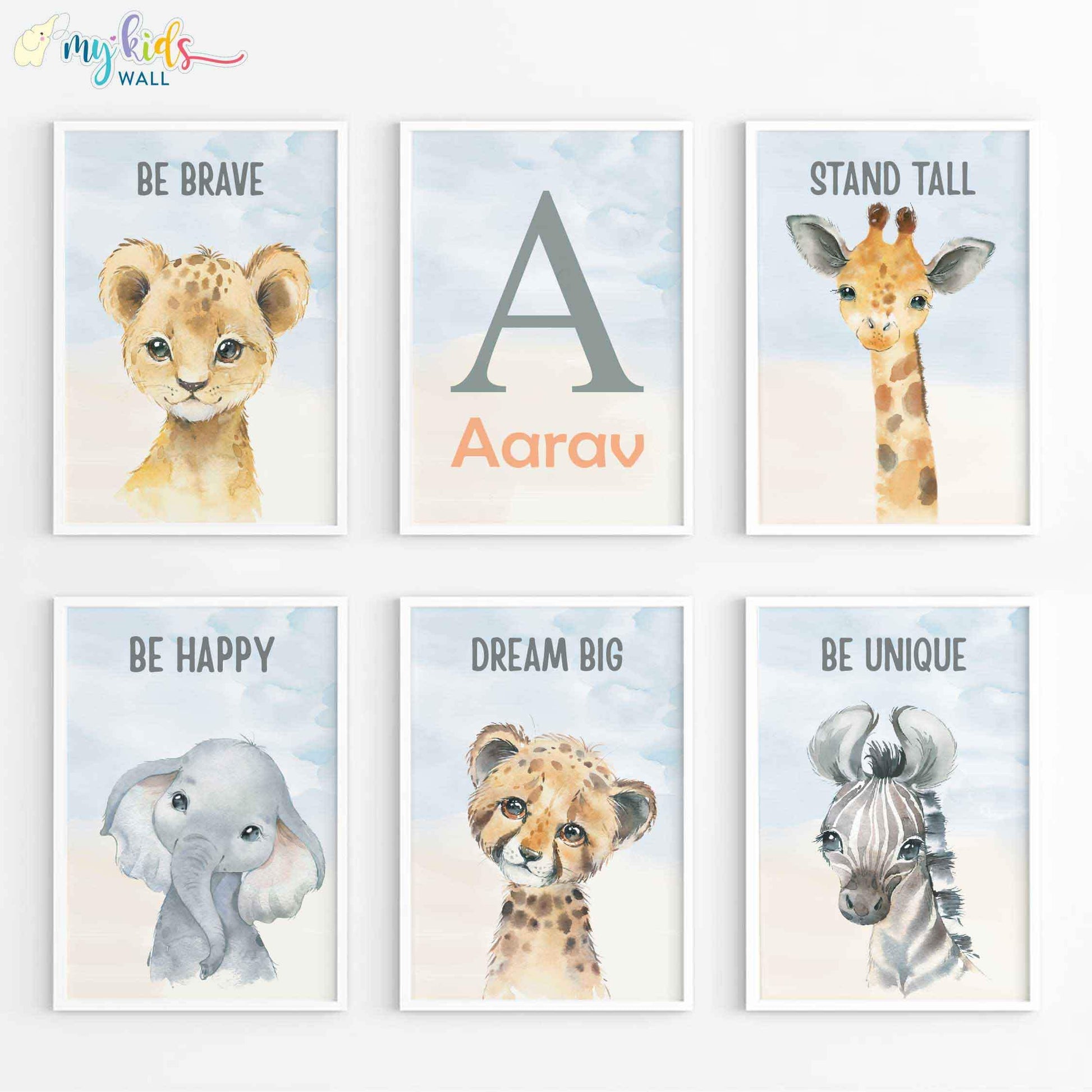 Inspirational baby animal wall art set of 6 white frame