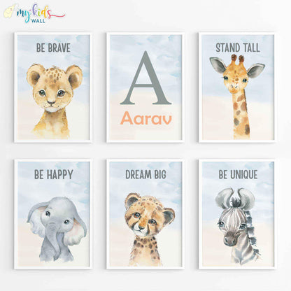 Inspirational baby animal wall art set of 6 white frame