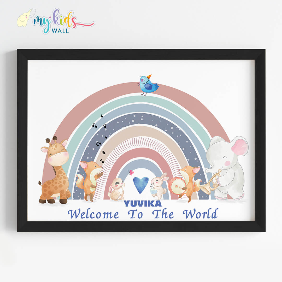 Welcome baby pastel rainbow nursery wall art black frame