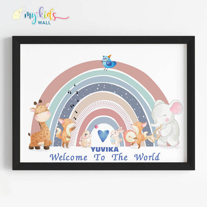 Welcome baby pastel rainbow nursery wall art black frame