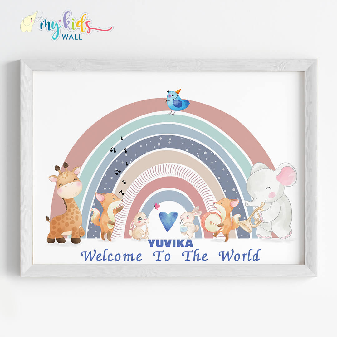 Welcome baby pastel rainbow nursery wall art white frame