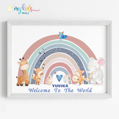 Welcome baby pastel rainbow nursery wall art white frame