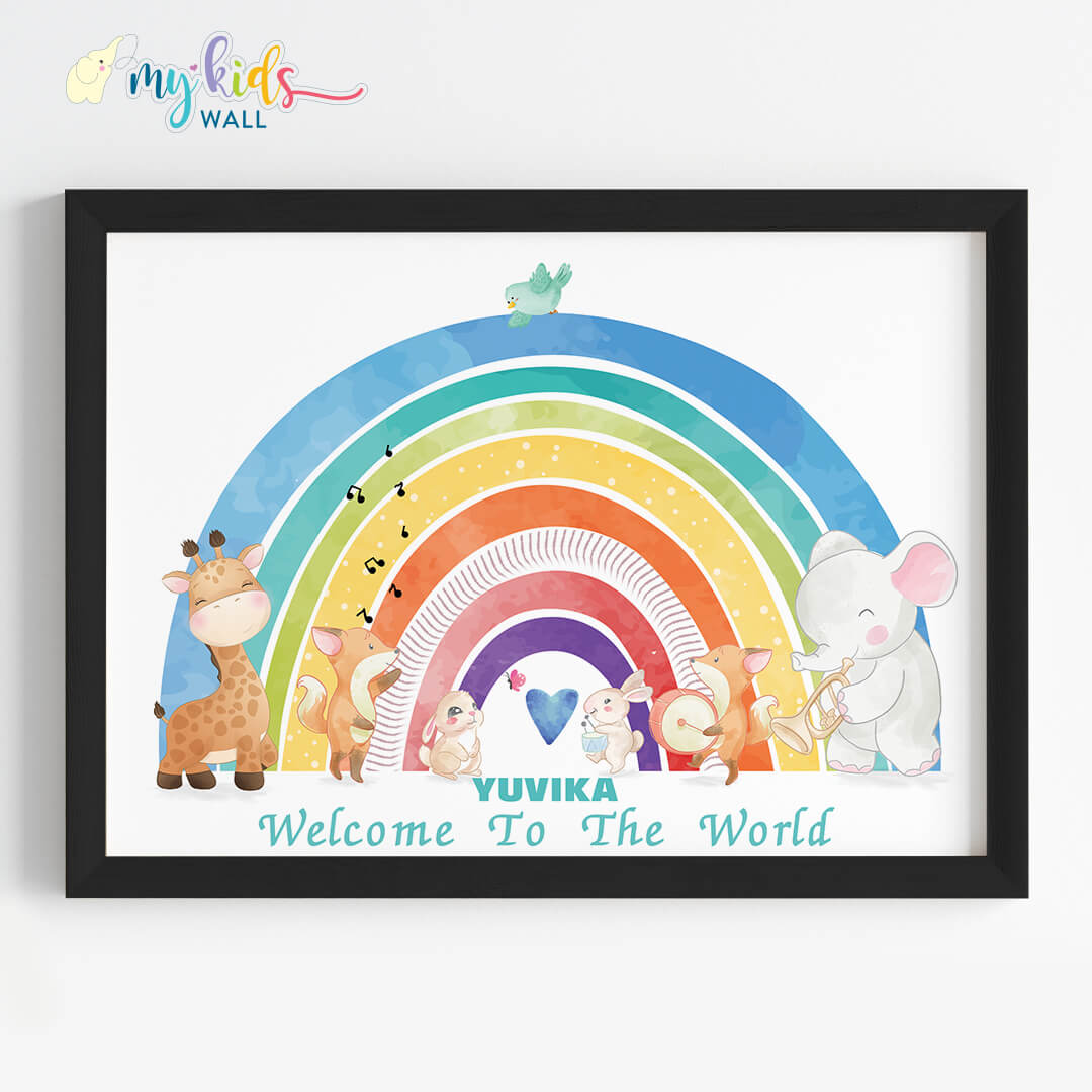 Welcome baby vibrant rainbow nursery wall art black frame