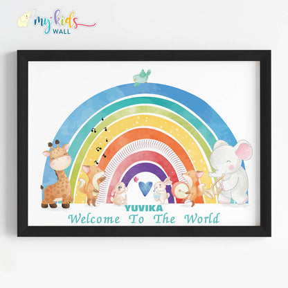 Welcome baby vibrant rainbow nursery wall art black frame