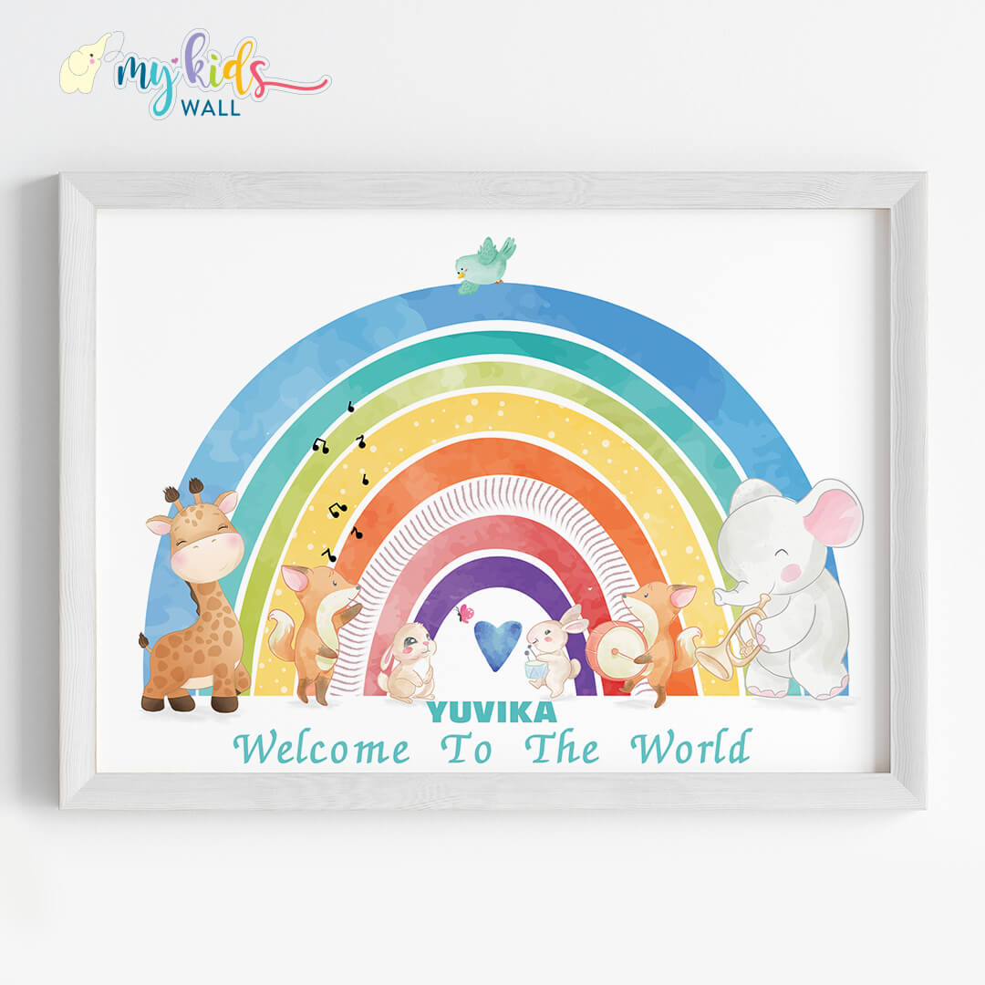 Welcome baby vibrant rainbow nursery wall art white frame