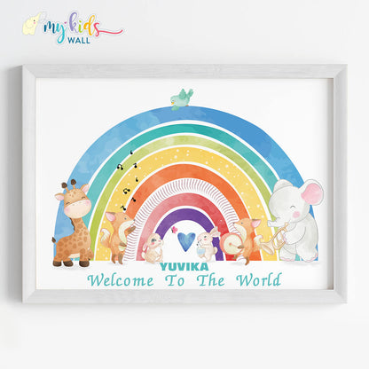 Welcome baby vibrant rainbow nursery wall art white frame