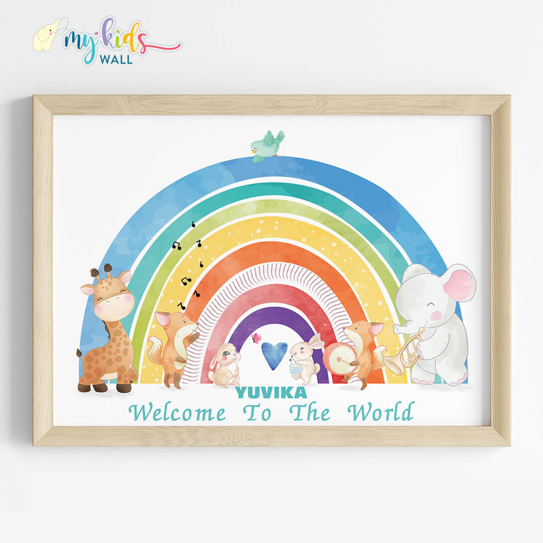 Welcome baby vibrant rainbow nursery wall art wooden frame