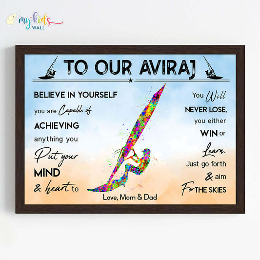 Motivational wind surfer boy wall art black frame