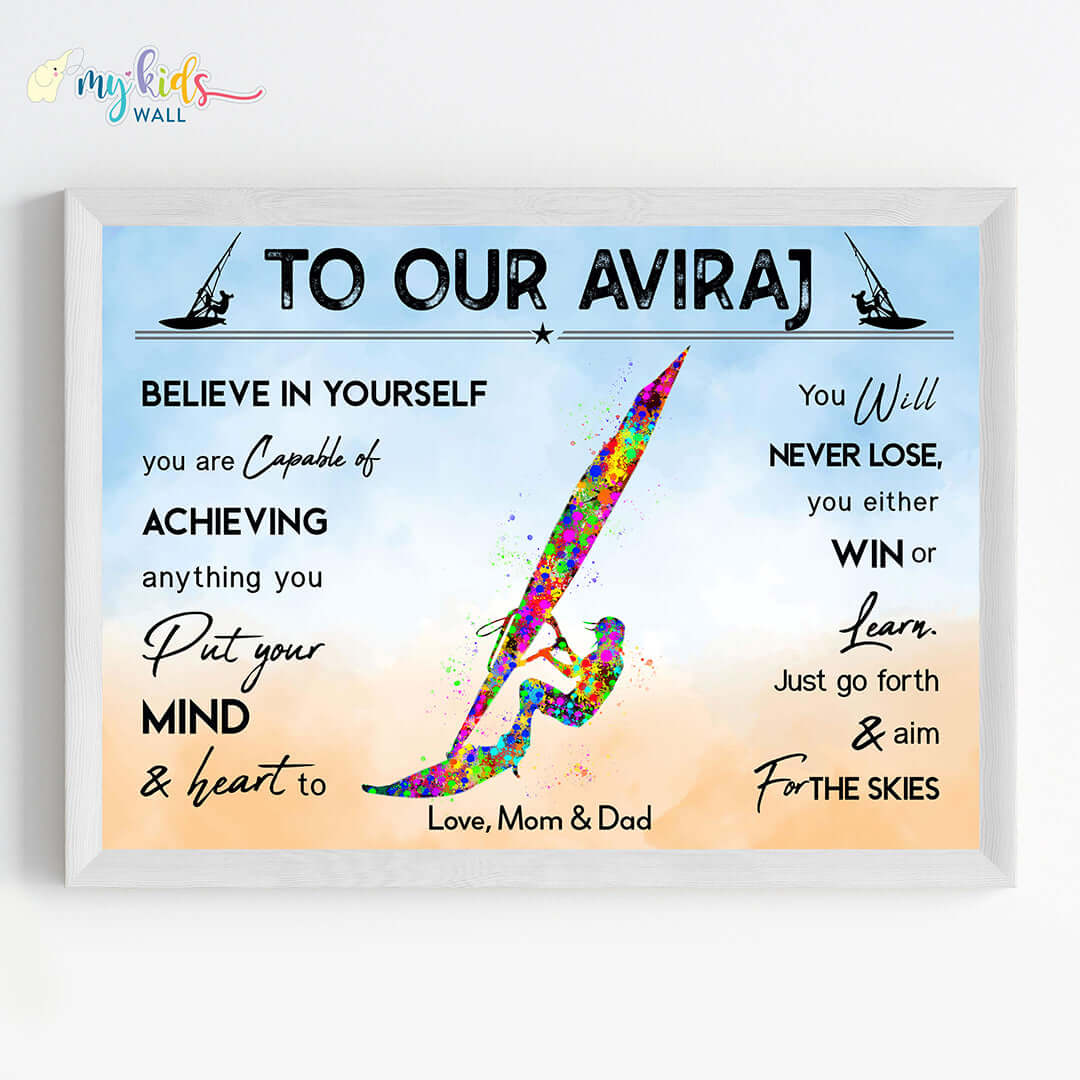 Motivational wind surfer boy wall art white frame