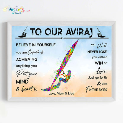 Motivational wind surfer boy wall art white frame