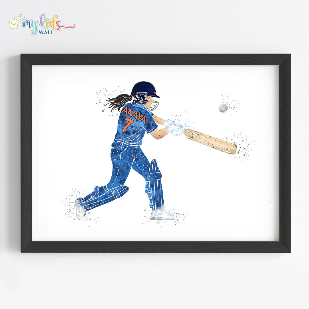 Cricket Player Girl Personalised Wall Art Framed Black Blue
