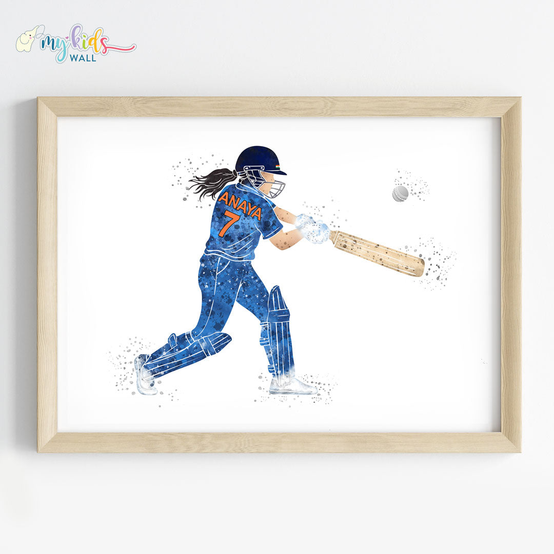 Cricket Player Girl Personalised Wall Art Framed Wooden Blue