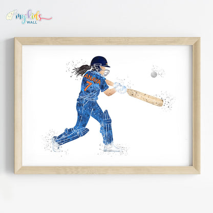 Cricket Player Girl Personalised Wall Art Framed Wooden Blue
