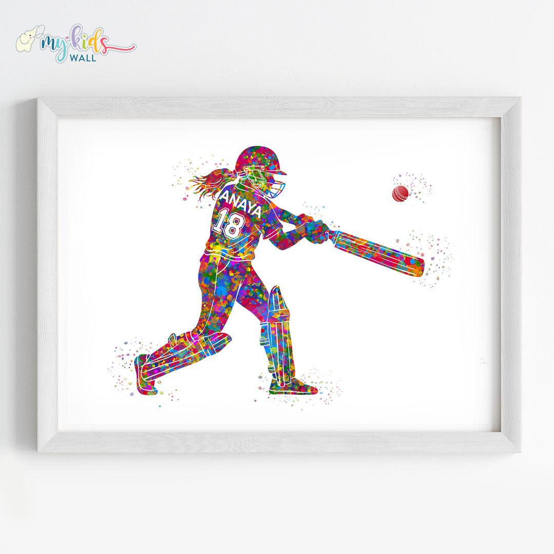 Cricket Player Girl Personalised Wall Art Framed white
