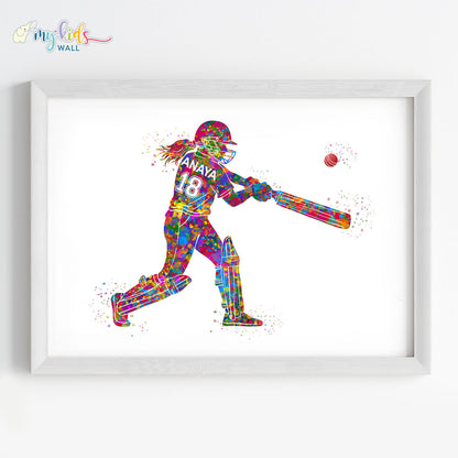 Cricket Player Girl Personalised Wall Art Framed white
