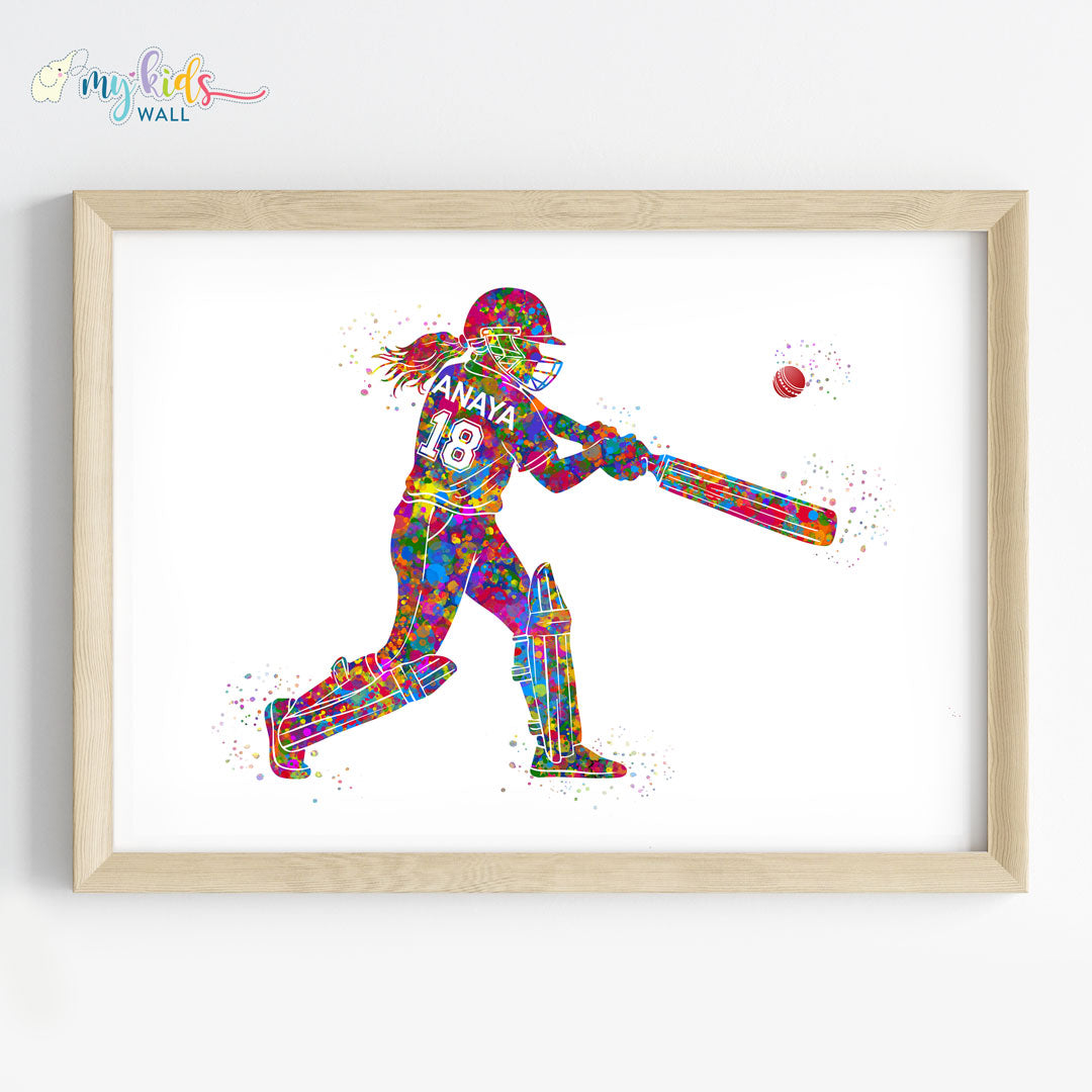 Cricket Player Girl Personalised Wall Art Framed Wooden