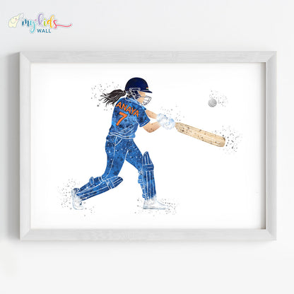 Cricket Player Girl Personalised Wall Art Framed white blue