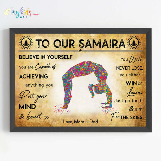 Motivational Yoga Backbend Pose girl wall art black frame